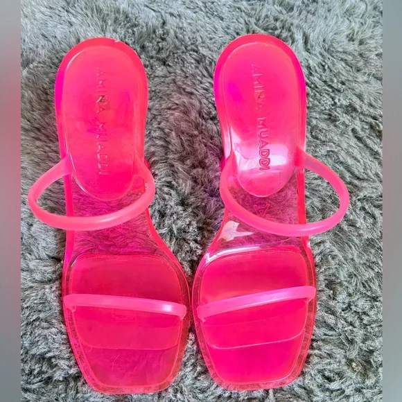 Amina Muaddi Brito PVC Heeled Sandals EU 38 US 7.5 Hot Pink Barbie New - Picture 5 of 10